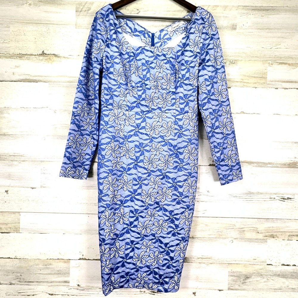 Emage‎ Blue Floral Lace Long Sleeve Sheath Midi Pencil Dress Womens Size 16